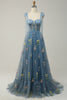Load image into Gallery viewer, A-line Tulle Grey Blue Prom Dress with Embroidery