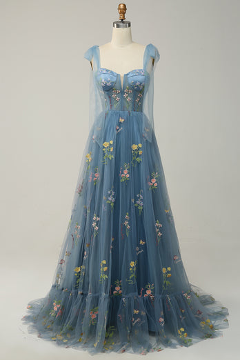 A-line Tulle Grey Blue Prom Dress with Embroidery