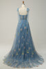 Load image into Gallery viewer, A-line Tulle Grey Blue Prom Dress with Embroidery