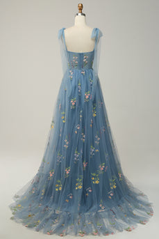 A-line Tulle Grey Blue Prom Dress with Embroidery