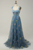 Load image into Gallery viewer, A-line Tulle Grey Blue Prom Dress with Embroidery