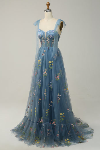 A-line Tulle Grey Blue Prom Dress with Embroidery