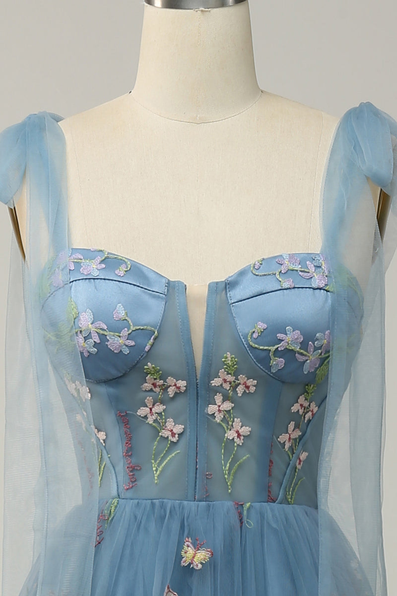 Load image into Gallery viewer, A-line Tulle Grey Blue Prom Dress with Embroidery