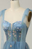 Load image into Gallery viewer, A-line Tulle Grey Blue Prom Dress with Embroidery