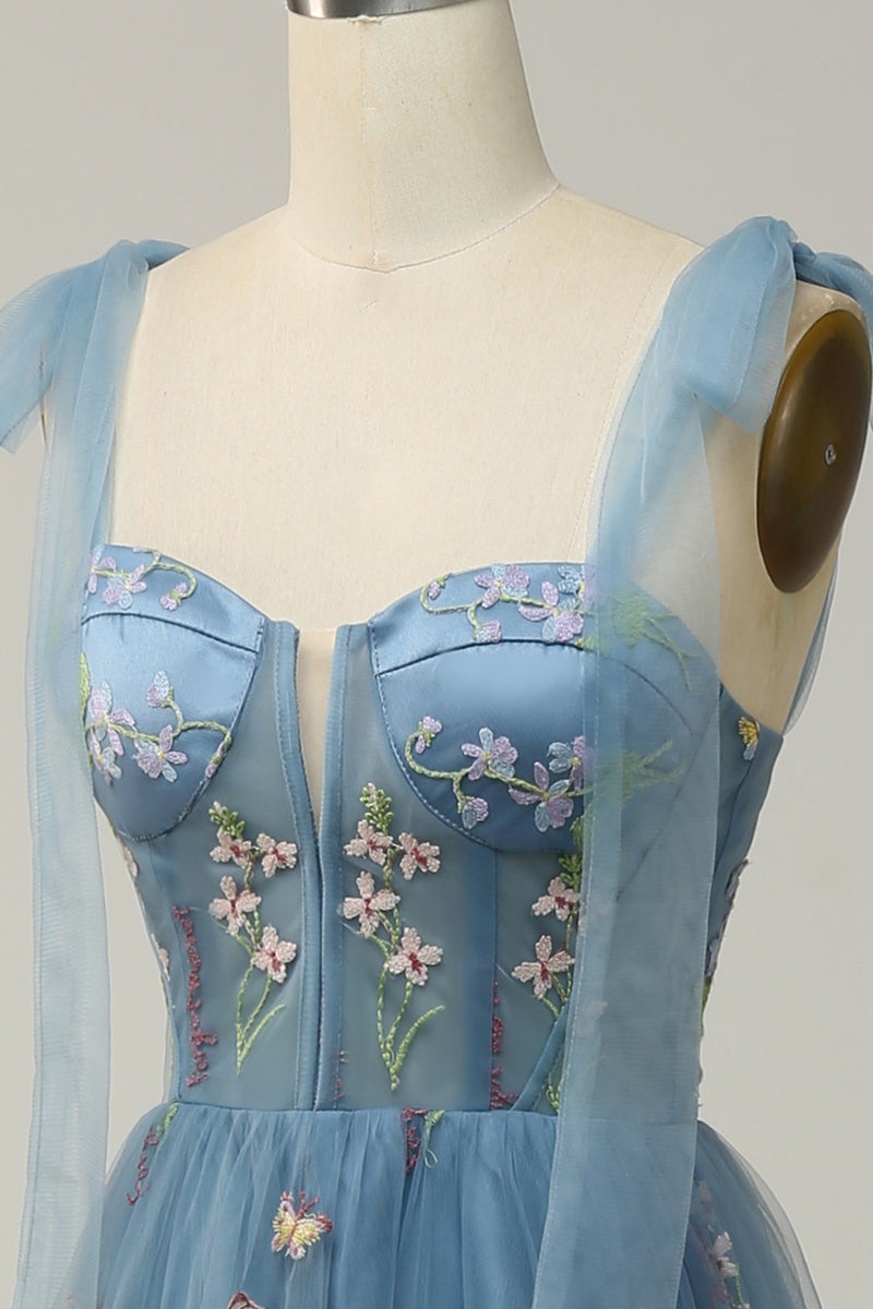 Load image into Gallery viewer, A-line Tulle Grey Blue Prom Dress with Embroidery