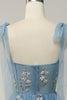 Load image into Gallery viewer, A-line Tulle Grey Blue Prom Dress with Embroidery