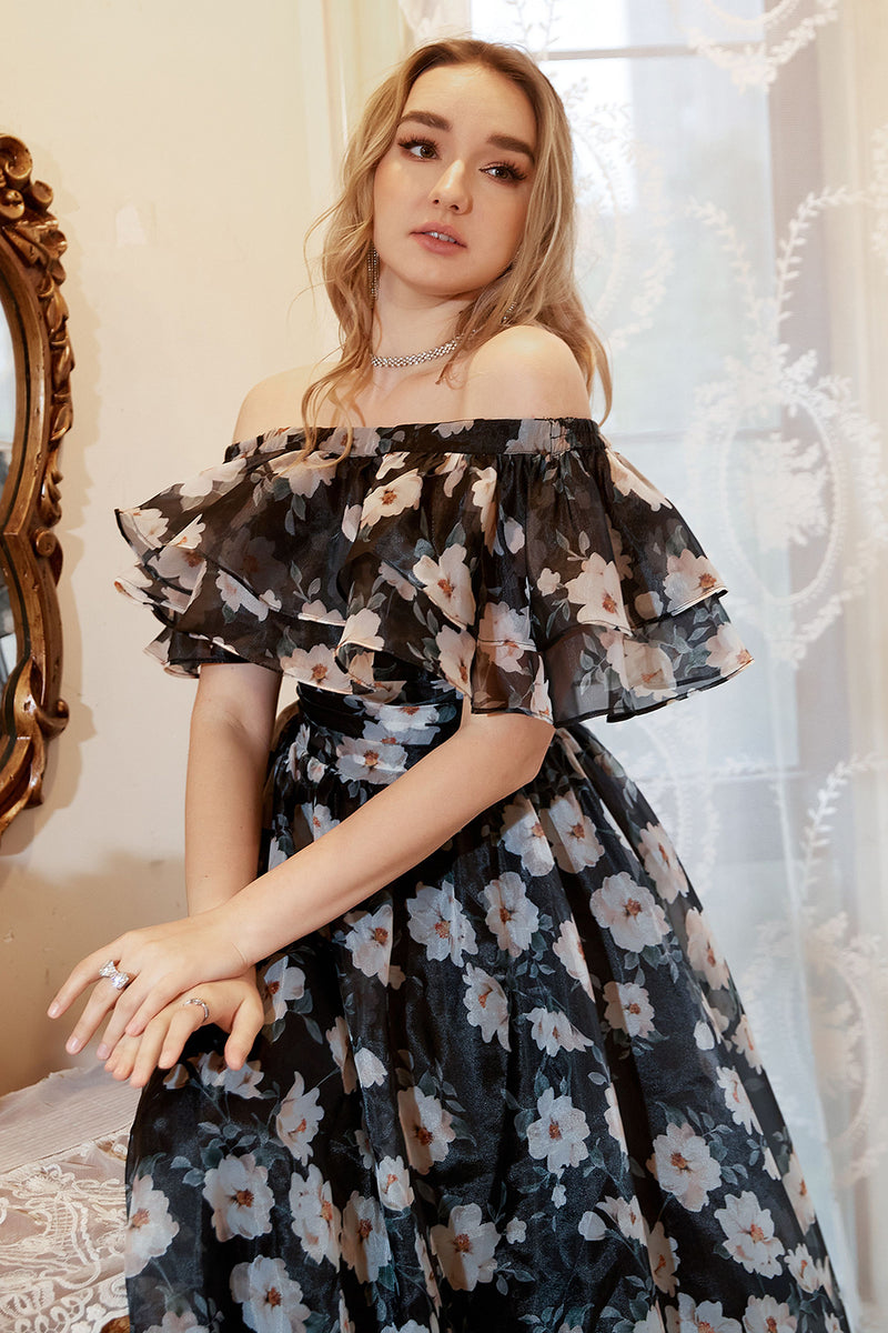 Load image into Gallery viewer, Black Flower Detachable Strapless Off The Shoulder Prom Dress