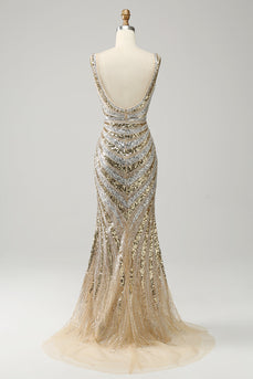 Sheath Deep V Neck Golden Beaded Sparkly Prom Dress with Silt