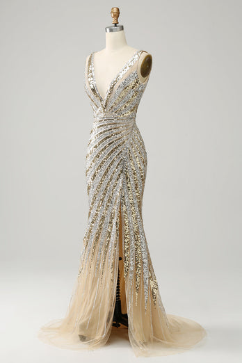 Sheath Deep V Neck Golden Beaded Sparkly Prom Dress with Silt