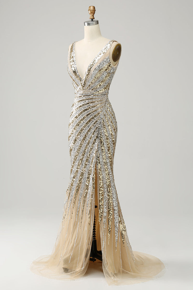 Load image into Gallery viewer, Sheath Deep V Neck Golden Beaded Sparkly Prom Dress with Silt