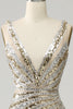 Load image into Gallery viewer, Sheath Deep V Neck Golden Beaded Sparkly Prom Dress with Silt
