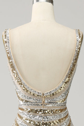 Sheath Deep V Neck Golden Beaded Sparkly Prom Dress with Silt