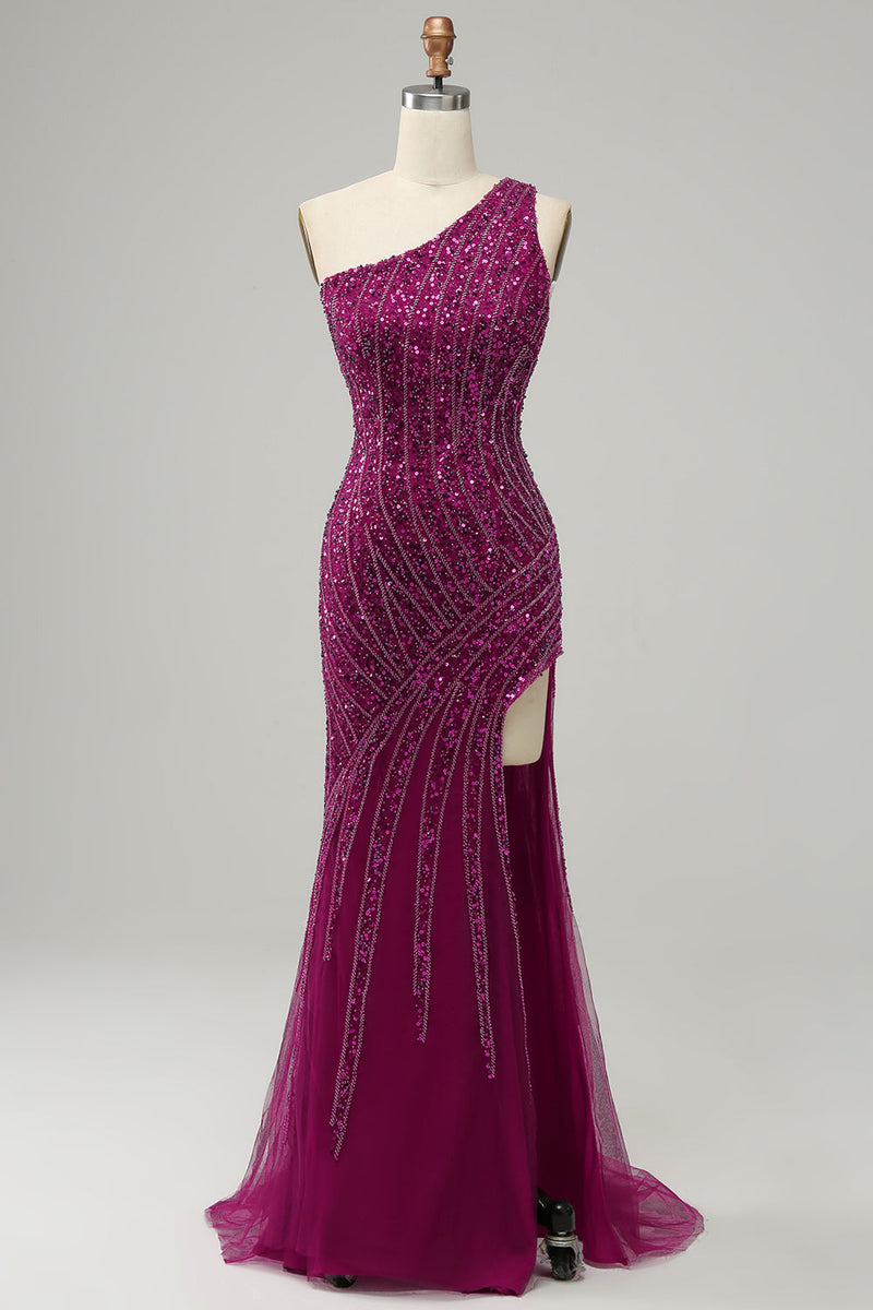 Load image into Gallery viewer, One Shoulder Sequin Prom Dress with Slit
