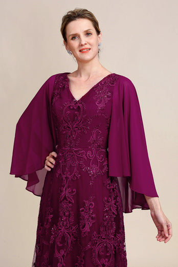 Burgundy Batwing Sleeves Beaded Mother of the Bride Dress