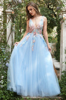 Load image into Gallery viewer, Blue Tulle Princess Prom Dress with 3D Flowers