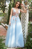 Load image into Gallery viewer, Blue Tulle Princess Prom Dress with 3D Flowers
