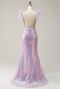 Sweetheart Mermaid Purple Sequins Sparkly Prom Dress with Feather