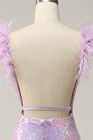 Load image into Gallery viewer, Sweetheart Mermaid Purple Sequins Sparkly Prom Dress with Feather