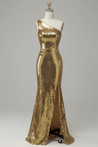 Golden Glitter One Shoulder Sequin Prom Dress with Slit