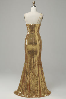Golden Glitter One Shoulder Sequin Prom Dress with Slit