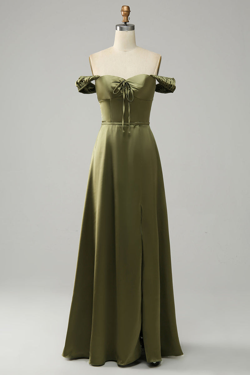 Hellymoon Army Green Off the Shoulder Long Bridesmaid Dress with Slit A