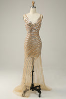 Load image into Gallery viewer, Golden Sequins Glitter Prom Dress with Open Back