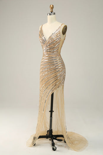 Golden Sequins Glitter Prom Dress with Open Back