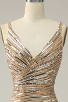 Load image into Gallery viewer, Golden Sequins Glitter Prom Dress with Open Back