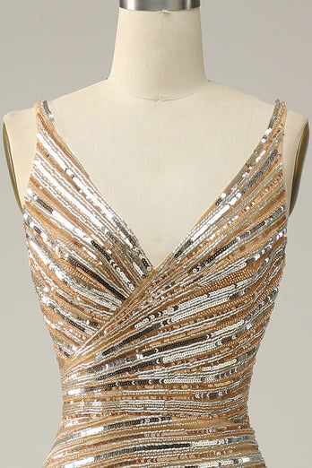 Golden Sequins Glitter Prom Dress with Open Back