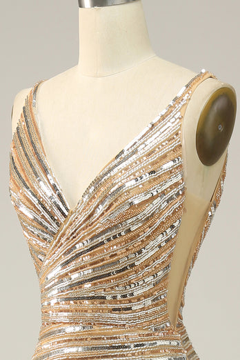 Golden Sequins Glitter Prom Dress with Open Back