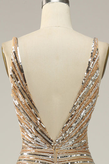 Golden Sequins Glitter Prom Dress with Open Back