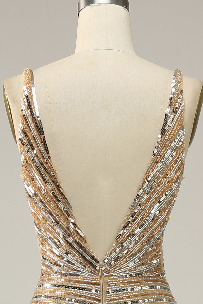 Load image into Gallery viewer, Golden Sequins Glitter Prom Dress with Open Back