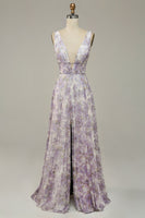 Load image into Gallery viewer, Purple Printed V-Neck Prom Dress With Slit