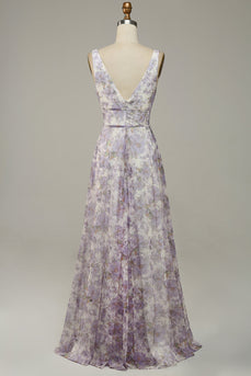 Purple Printed V-Neck Prom Dress With Slit