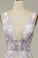 Load image into Gallery viewer, Purple Printed V-Neck Prom Dress With Slit