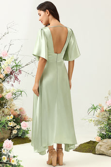 A Line Deep V Neck Light Green Wedding Guest Dress with Half Sleeves