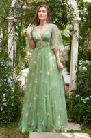 Load image into Gallery viewer, A Line Green Tulle Corset Prom Dress with Sleeves
