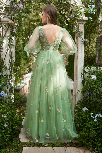 A Line Green Tulle Corset Prom Dress with Sleeves