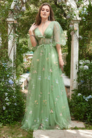 Load image into Gallery viewer, A Line Green Tulle Corset Prom Dress with Sleeves