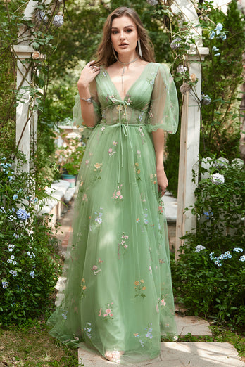 A Line Green Tulle Corset Prom Dress with Sleeves