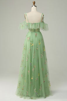 Off the Shoulder Green A Line Prom Dress with Embroidery