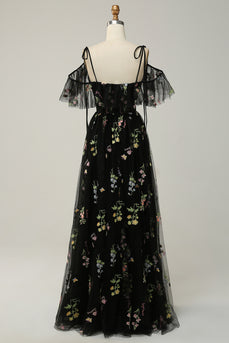 Black Off the Shoulder A Line Prom Dress with Embroidery