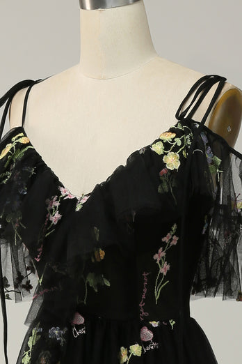 Black Off the Shoulder A Line Prom Dress with Embroidery