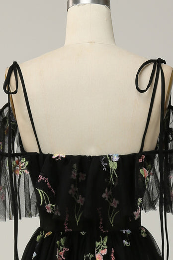Black Off the Shoulder A Line Prom Dress with Embroidery