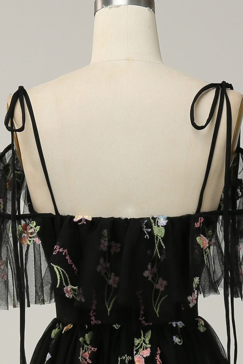Load image into Gallery viewer, Black Off the Shoulder A Line Prom Dress with Embroidery