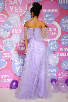 Off the Shoulder Lavender Princess Prom Dress with Ruffles