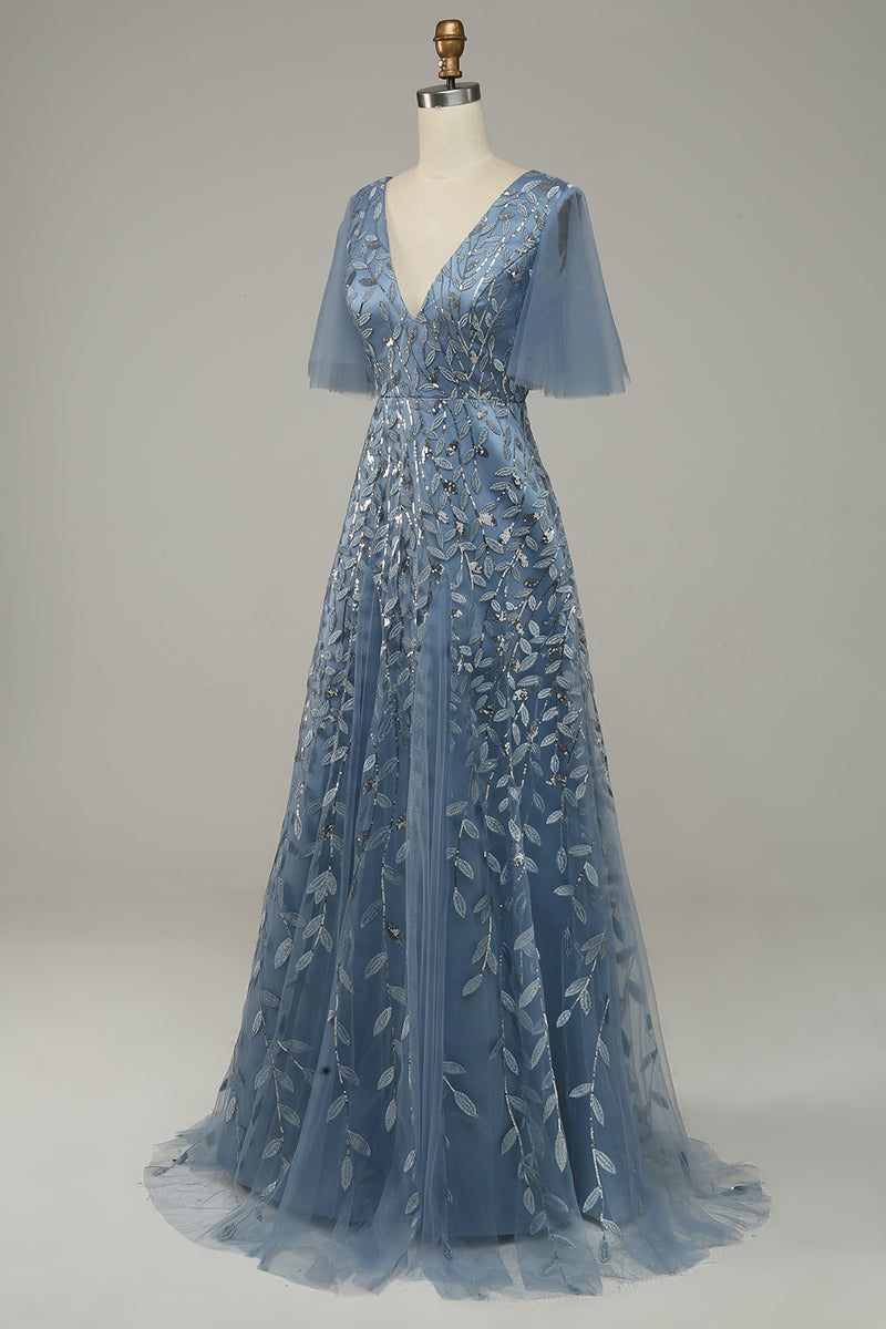 Load image into Gallery viewer, Grey Blue Tulle Embroidered A Line Prom Dress