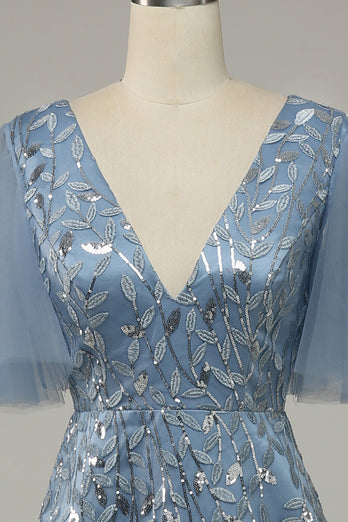 Grey Blue Tulle Embroidered A Line Prom Dress