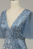 Load image into Gallery viewer, Grey Blue Tulle Embroidered A Line Prom Dress