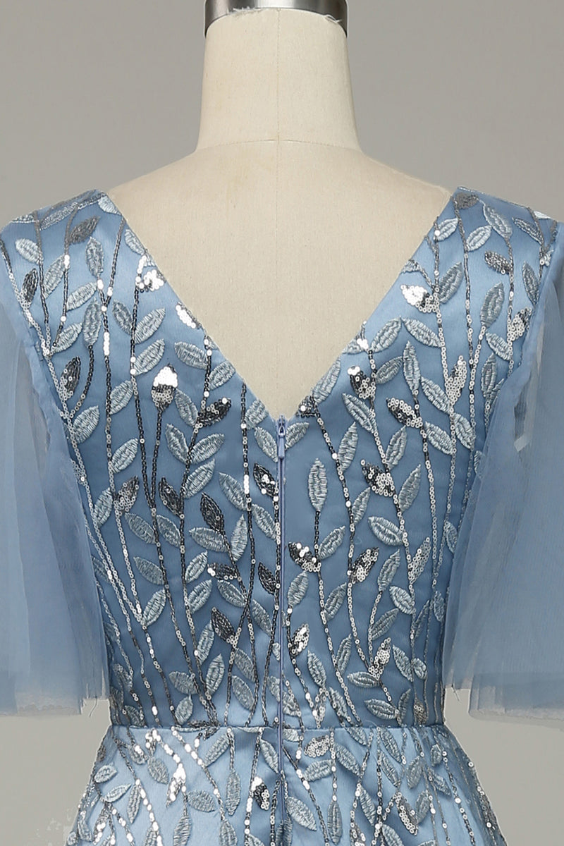 Load image into Gallery viewer, Grey Blue Tulle Embroidered A Line Prom Dress